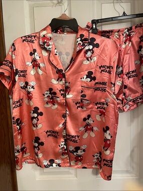 Source Unknown coral colored Mickey Mouse Satin Pajama Set